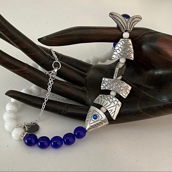 Silver Fish Necklace. Blue & White Glass Beads. Length can be Adjusted to Fit. - Picture 7 of 8